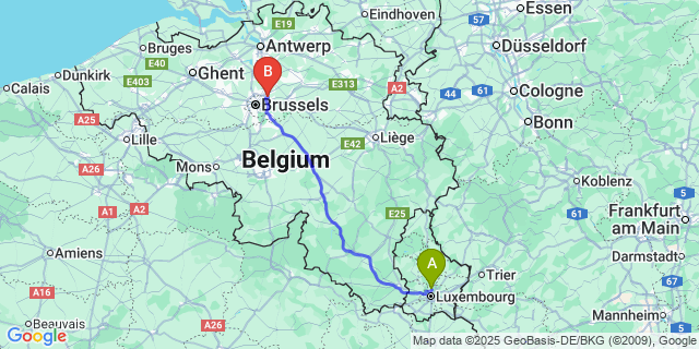 Map: Brussels Zaventem Airport (BRU) to Walferdange