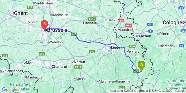 Map: Brussels Midi Train Station to Amel