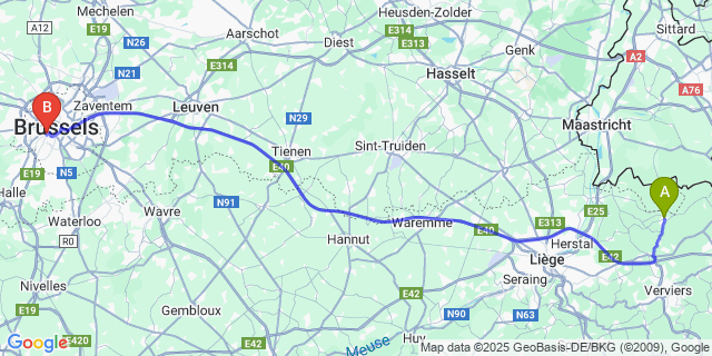 Map: Brussels Midi Train Station to Aubel