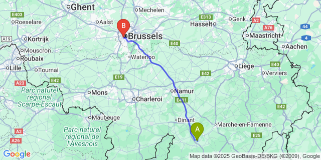 Map: Brussels Midi Train Station to Ave-Et-Auffe