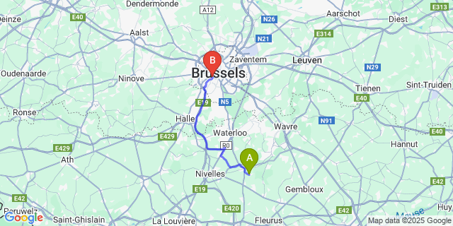 Map: Brussels Midi Train Station to Baisy-Thy