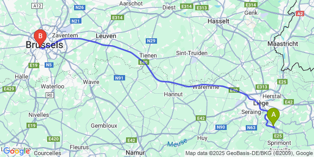 Map: Brussels Midi Train Station to Beaufays