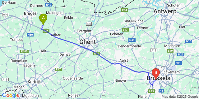 Map: Brussels Midi Train Station to Beernem