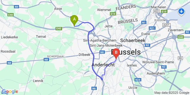 Map: Brussels Midi Train Station to Bekkerzeel