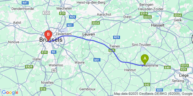 Map: Brussels Midi Train Station to Berloz