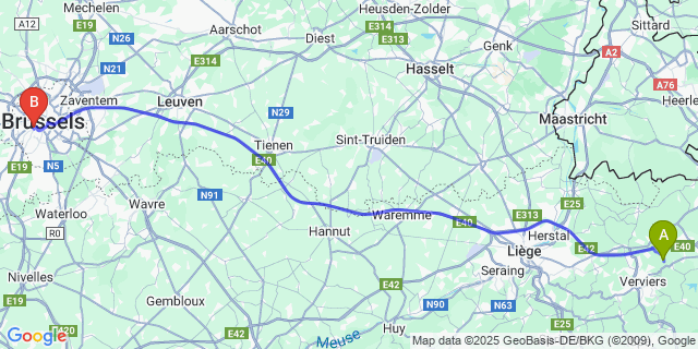 Map: Brussels Midi Train Station to Bilstain