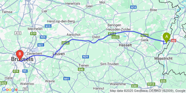 Map: Brussels Midi Train Station to Boorsem