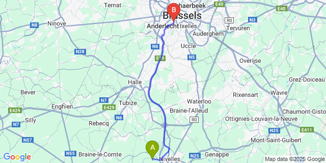 Map: Brussels Midi Train Station to Bornival