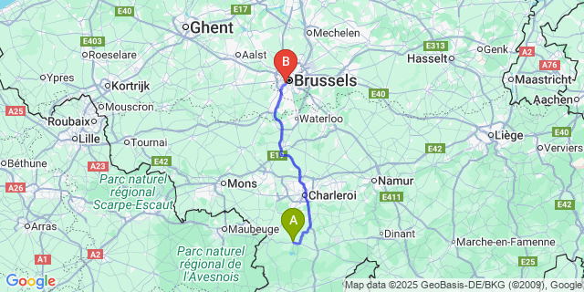 Map: Brussels Midi Train Station to Boussu-Lez-Walcourt