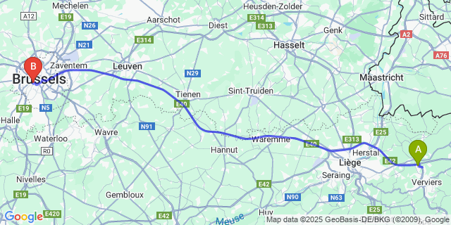 Map: Brussels Midi Train Station to Chaineux