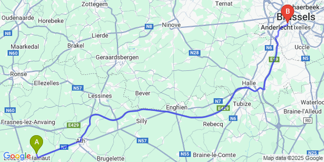 Map: Brussels Midi Train Station to Chapelle-à-Wattines