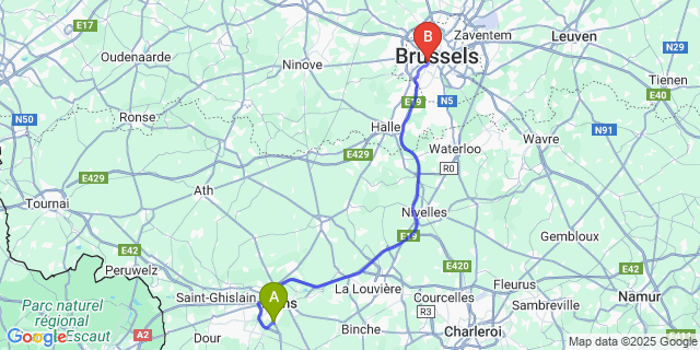 Map: Brussels Midi Train Station to Ciply