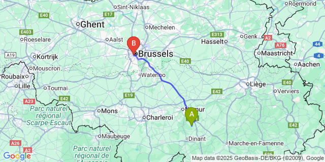 Map: Brussels Midi Train Station to Crupet