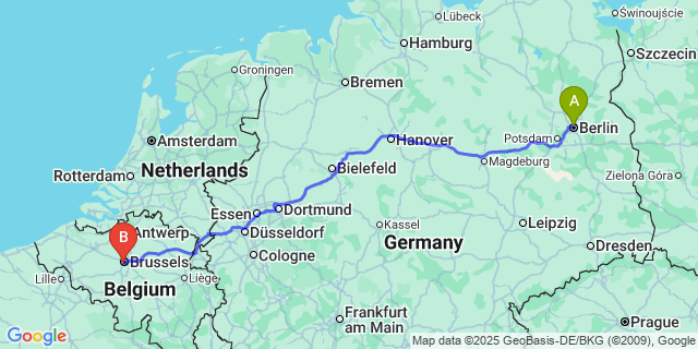 Map: Brussels Midi Train Station to Dave