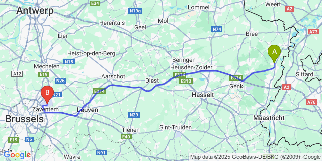 Map: Brussels Zaventem Airport (BRU) to Dilsen
