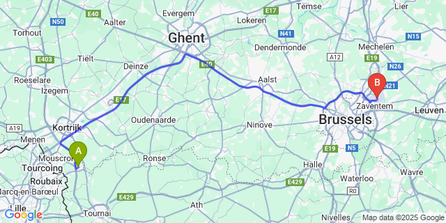 Map: Brussels Zaventem Airport (BRU) to Dottignies