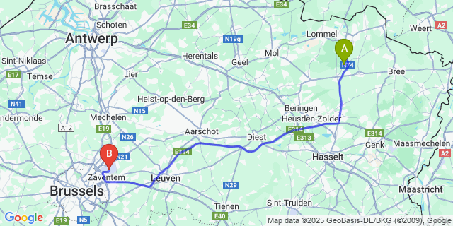 Map: Brussels Zaventem Airport (BRU) to Eksel