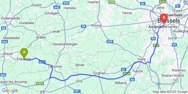 Map: Brussels Midi Train Station to Ellezelles