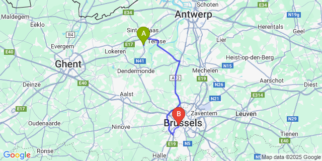 Map: Brussels Midi Train Station to Elversele