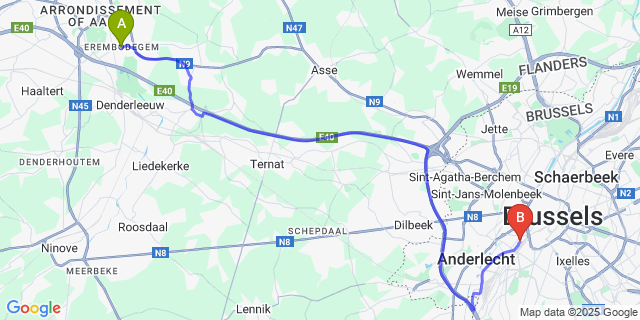 Map: Brussels Midi Train Station to Erembodegem