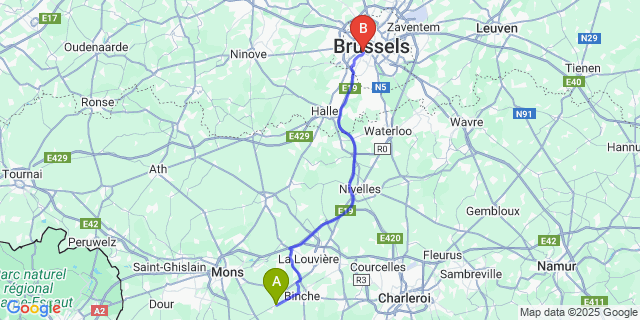 Map: Brussels Midi Train Station to Estinnes-Au-Mont