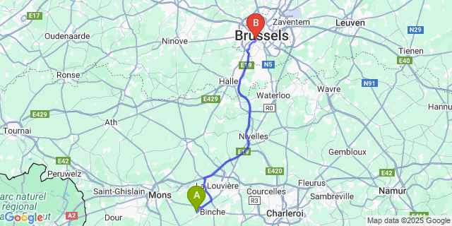 Map: Brussels Midi Train Station to Estinnes-au-Val