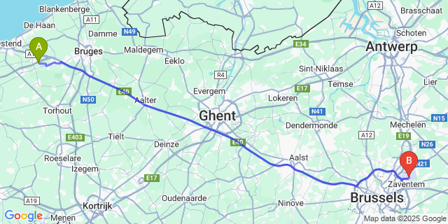 Map: Brussels Zaventem Airport (BRU) to Ettelgem