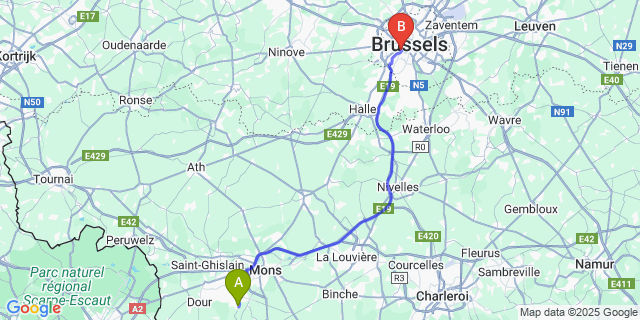 Map: Brussels Midi Train Station to Eugies