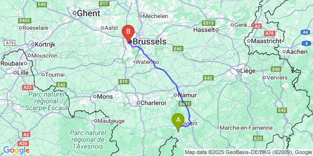 Map: Brussels Midi Train Station to Falmignoul