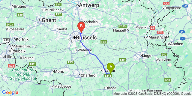 Map: Brussels Zaventem Airport (BRU) to Faulx-Les-Tombes