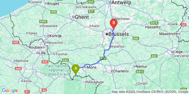 Map: Brussels Zaventem Airport (BRU) to Fayt-Le-Franc