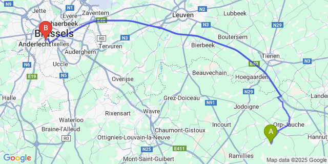 Map: Brussels Midi Train Station to Folx-les-Caves