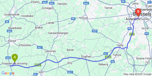 Map: Brussels Midi Train Station to Frasnes-lez-Buissenal