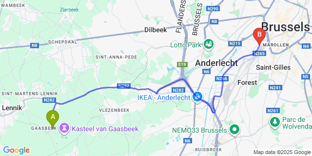 Map: Brussels Midi Train Station to Gaasbeek