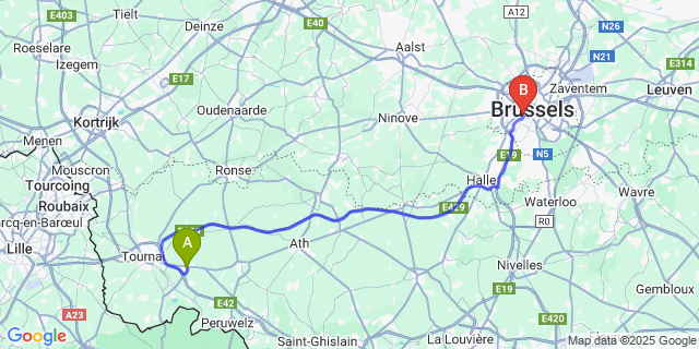 Map: Brussels Midi Train Station to Gaurain-Ramecroix