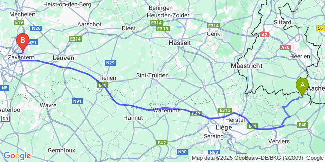 Map: Brussels Zaventem Airport (BRU) to Gemmenich