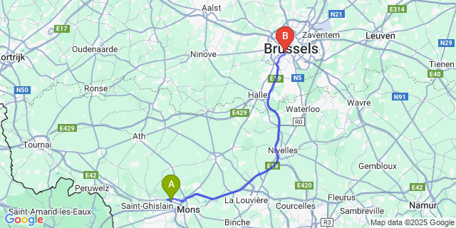 Map: Brussels Midi Train Station to Ghlin
