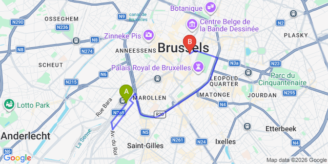 Map: Brussels Midi Train Station to 9HOTEL CENTRAL, Brussels