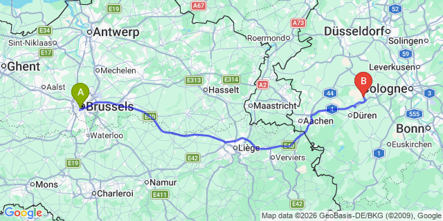 Map: Aalten to Brussels Midi Train Station