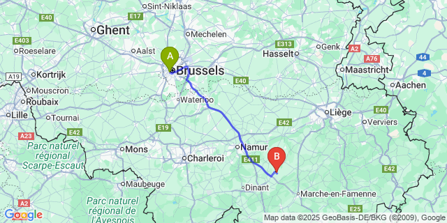 Map: Brussels Midi Train Station to Achet