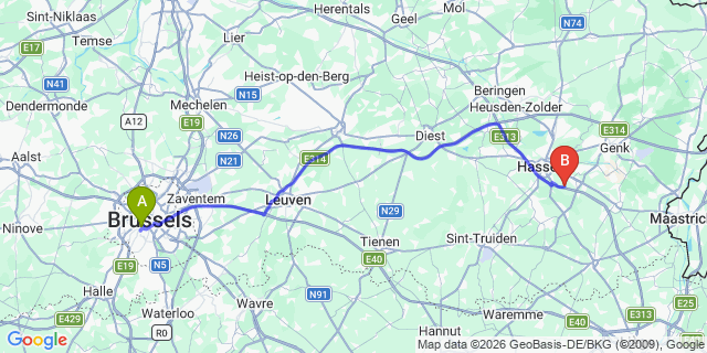 Map: Brussels Midi Train Station to Amersfoort