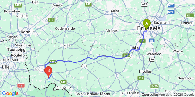 Map: Brussels Midi Train Station to Antoing