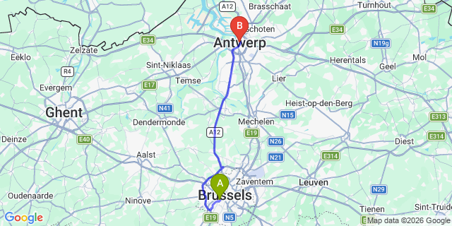 Map: Brussels Midi Train Station to Antwerp