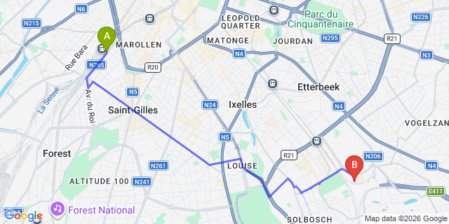 Map: Brussels Midi Train Station to Aparthotel Adagio Access Brussels Delta