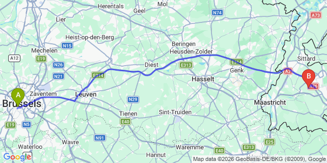 Map: Arnhem to Brussels Midi Train Station