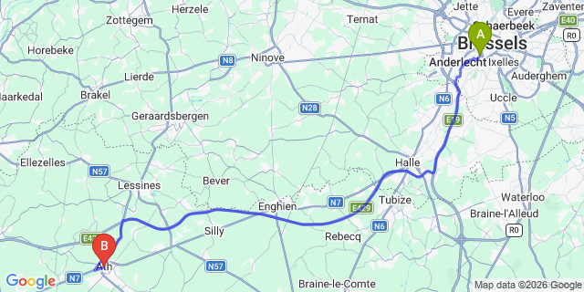 Map: Brussels Midi Train Station to Ath