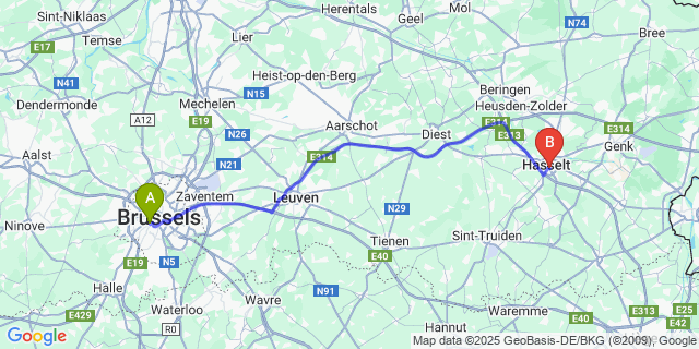 Map: Brussels Midi Train Station to Azette