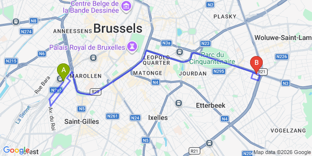 Map: Brussels Midi Train Station to B-aparthotel Montgomery Brussels
