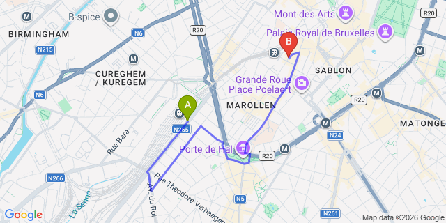 Map: Brussels Midi Train Station to B&B Sablon-Aire, Brussels