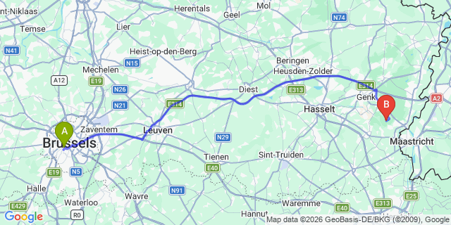 Map: Barneveld to Brussels Midi Train Station